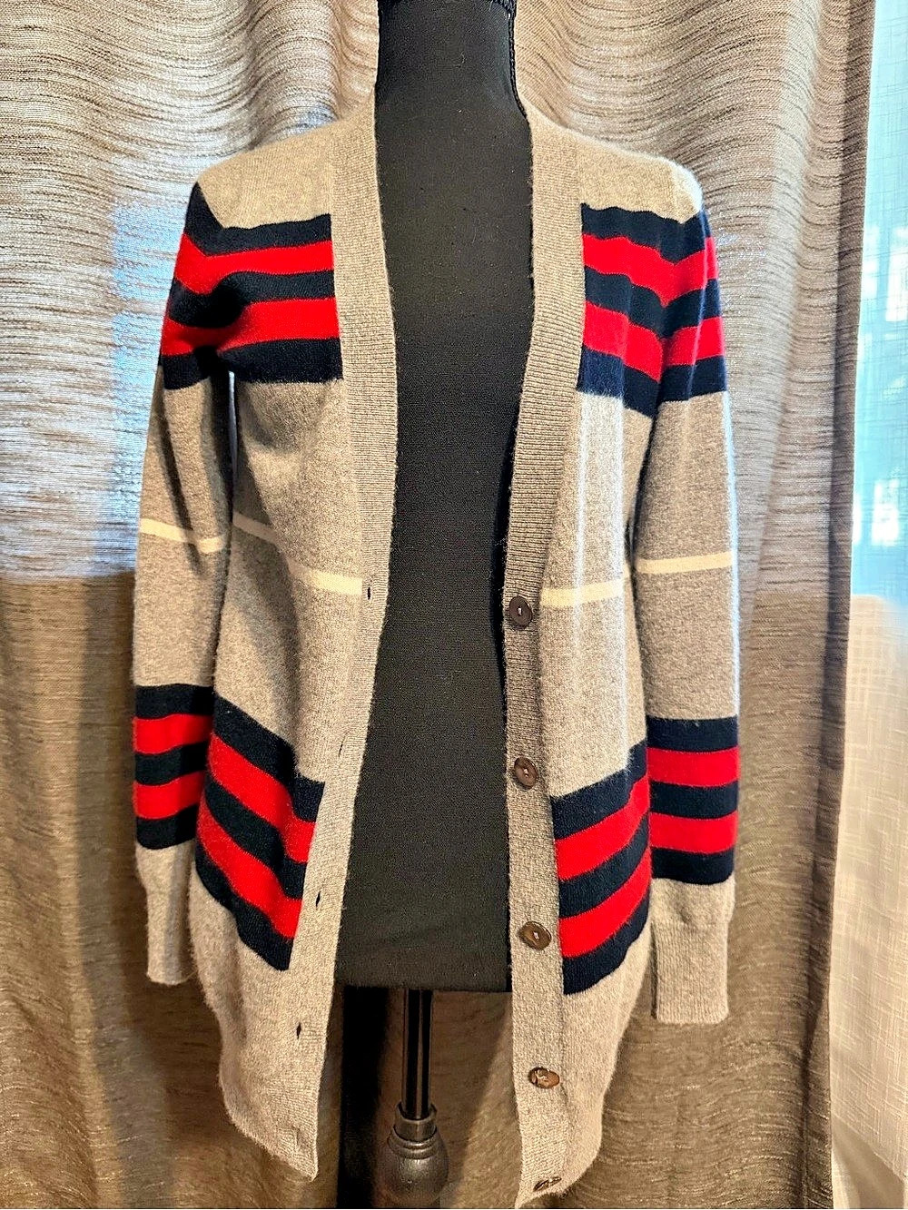 Madeleine Thompson Striped Cashmere Cardigan in Gray & Red Size Small Like New